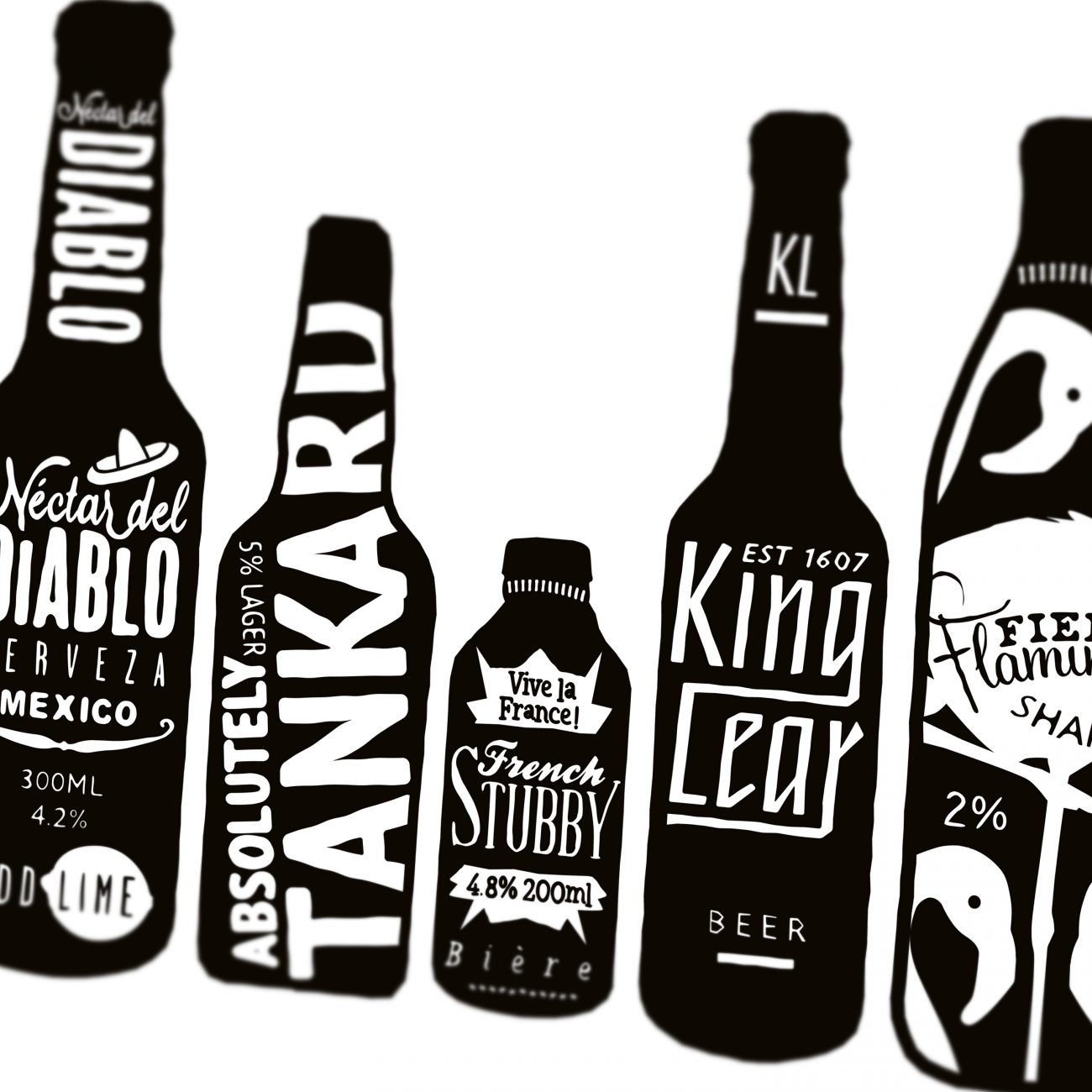typographic beer bottles close up