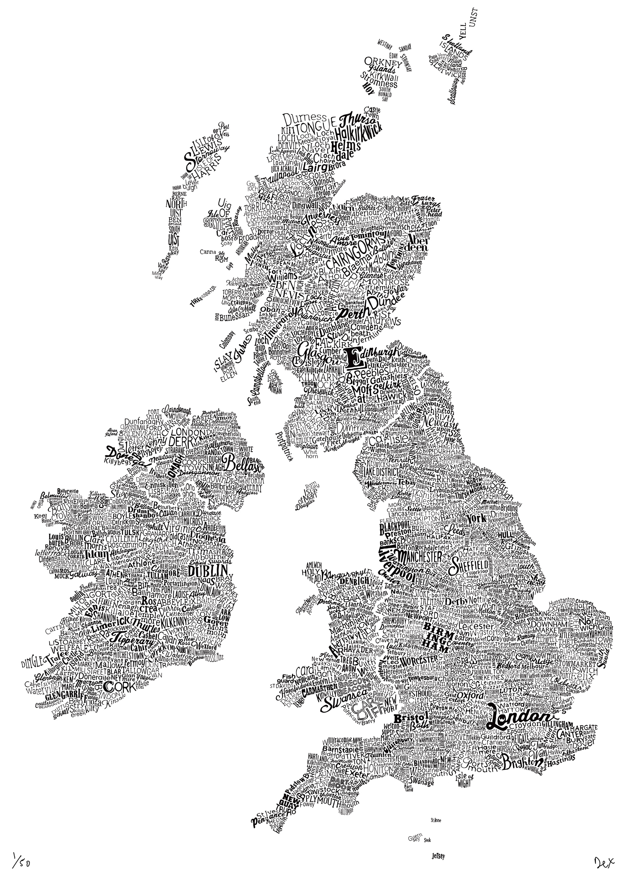 typographic map of the british isles